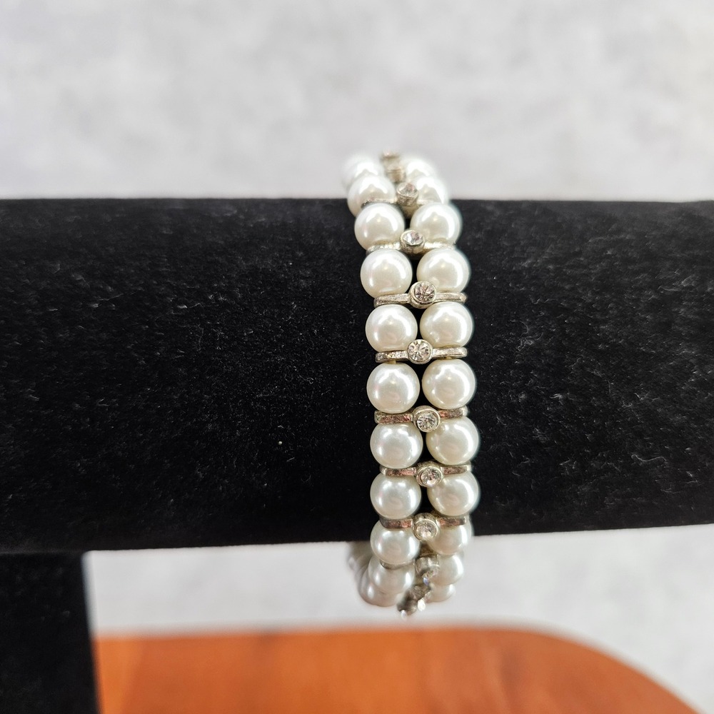 Faux Pearl Rhinestone Double Row‎ Bracelet Stretchy Elegant Womens Jewelry Vtg